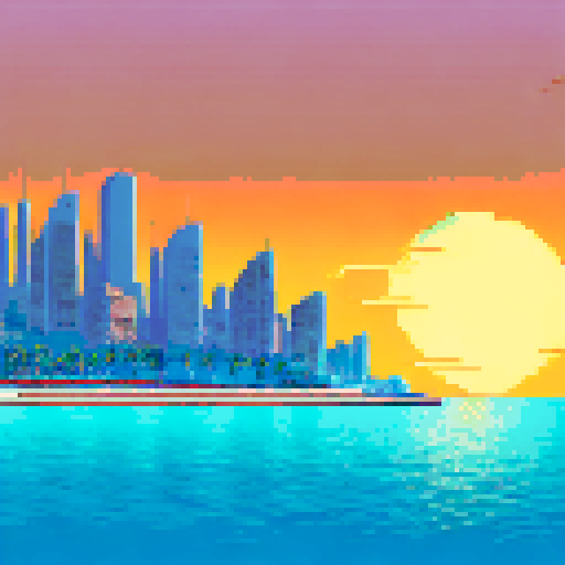 Monaco skyline at sunset, towering palm trees, sparkling ocean, grandstands filled with spectators cheering on their favorite racer, all depicted in retro pixel art style with a muted sRGB color palette