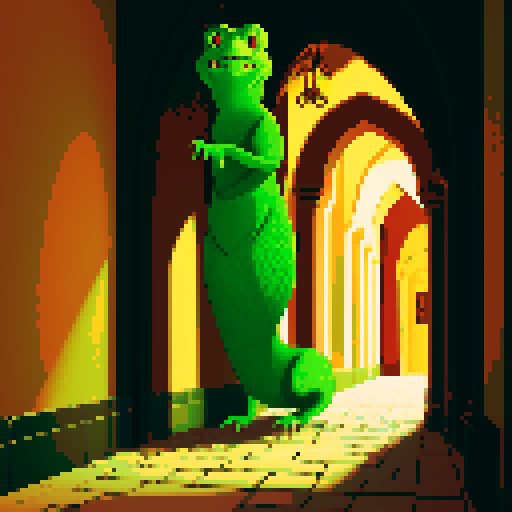 a live green basilisk in a castle hallway