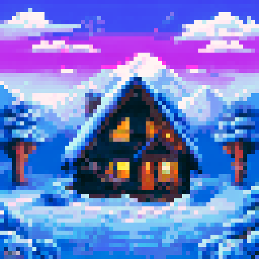 Cozy cabin nestled in a snowy, pixel art mountain landscape, with a background of sRGB colors creating a serene and immersive winter wonderland