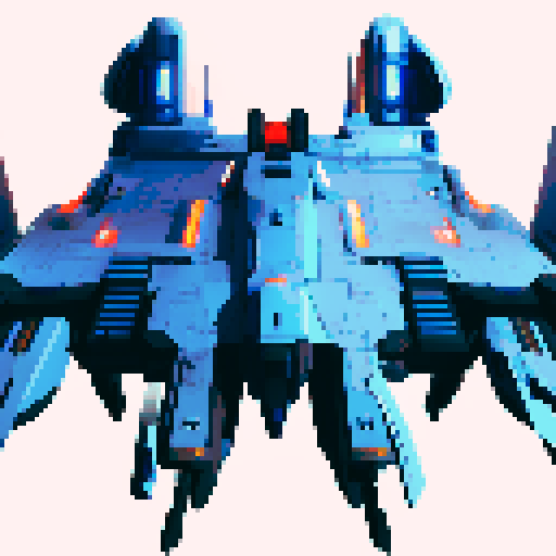 space battleship, sleek and angular, glowing blue propulsion engines, futuristic design, metallic hull with rivets, pixelated details, vibrant colors, starry background, shooting laser beams, intense action, dynamic composition, long desk, long ship