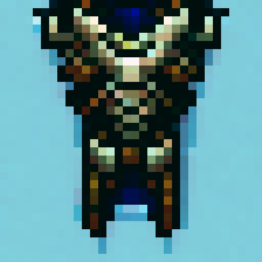 Gargoyle, fierce and imposing, adorned in intricately crafted armor, with sharp, angular edges and a color palette of deep blues and blacks, ready to be pixelated into a fearsome game asset