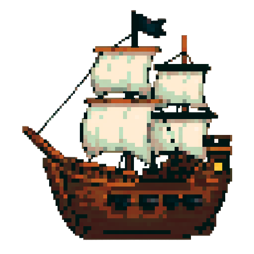 Pirate ship, large cannons, two white square sails, facing North, 3/4 view, transparent background, sRGB, pixel art
