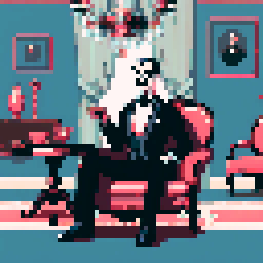 butler, formal attire, monocle, polished shoes, silver tray, vintage wallpaper, chandelier, refined posture, simple pixel art, vibrant sRGB colors, pixel art, sRGB