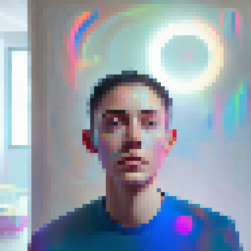 A vibrant, surrealistic portrait of a contemplative human figure, surrounded by a halo of geometric patterns and illuminated by a rainbow of neon lights.
