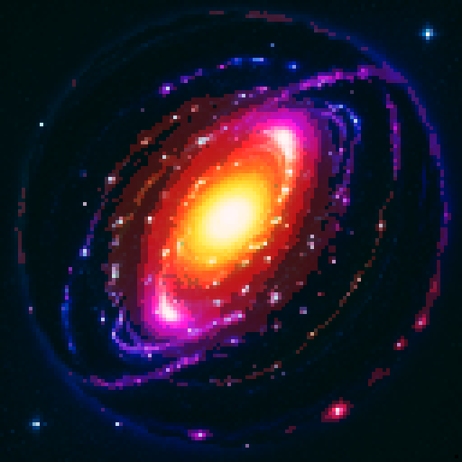 Majestic galaxy, vibrant stars, swirling planets, dark colors, pixel art, sRGB