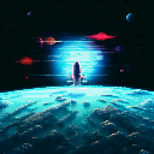 Space station floating amidst a tapestry of stars, glowing with vibrant colors, pixelated landscape stretching into the distance