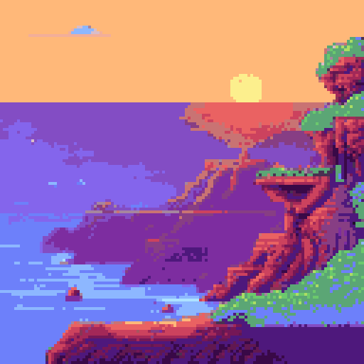 ocean, towering cliffside, person sitting on cliffside, pixelated background, vibrant sRGB colors, detailed pixel art landscape