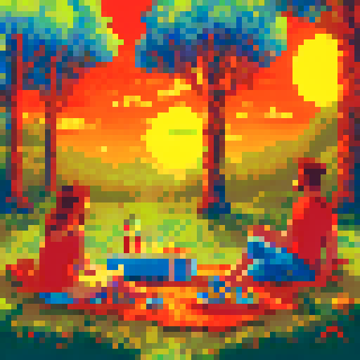 A summer picnic with tress and a sunset
