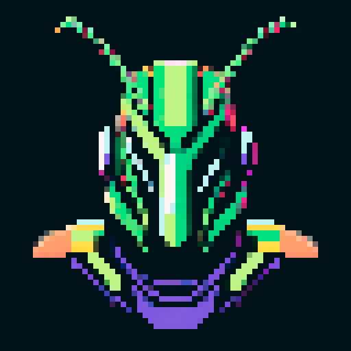 praying mantis helmet, retro 8-bit, intricate detailing, sharp angles, pixel art, pallet ARNE 32