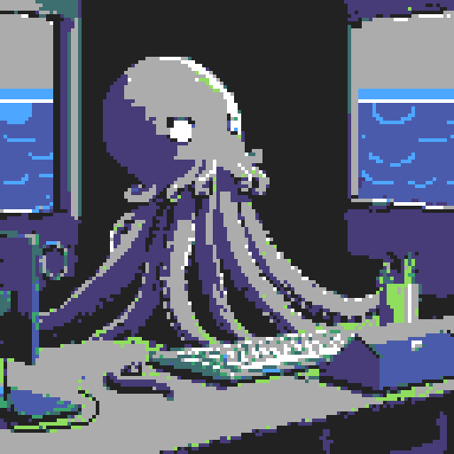 huge octopus, seated at a desk, typing on a laptop, pixelated tentacles, vibrant colors, low-resolution, retro aesthetic