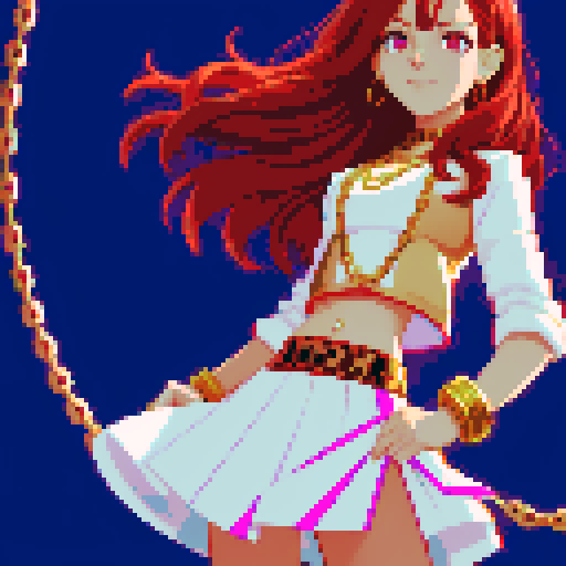 tan skinned, dark vibrant red hair flowing, pink eyes with a hint of red, short white skirt with gold detailing, gold bracelet, iron chain necklace, purple crop top, short white jacket with pixel art style in sRGB
