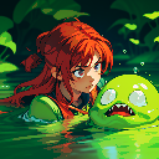 hero sinking into slime, hero drowning in slime, hero has red hair