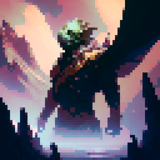 Captain Trip, a fierce half-orc warrior with a braided beard and a scar over his left eye, standing atop a towering rock formation overlooking a sprawling, mystical landscape filled with floating islands, glowing crystals, and fiery dragons