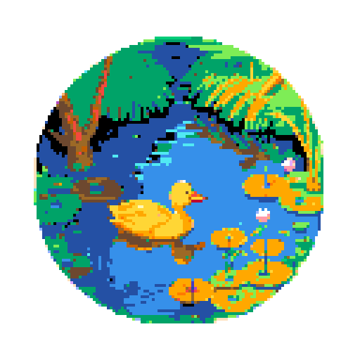 yellow duck in a pond, surrounded by lush greenery and reflecting sunlight in a serene pond with shimmering ripples and pixelated waves, creating a tranquil atmosphere in a picturesque landscape with vibrant colors using intricate pixel art in the sRGB palette