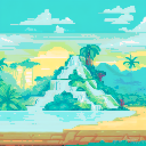 A verdant jungle waterfall on a tropical island full of plants. 