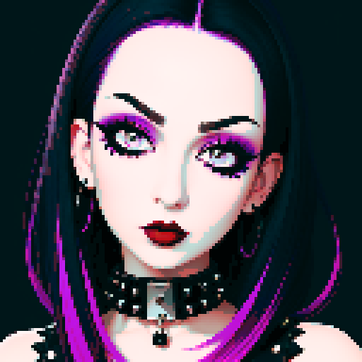 curvy, busty goth girls face, whole head portrait, black hair, purple eyeshadow, red lipstick, low black studded leather halter top, studded collar, vibrant srgb colors, edgy aesthetic