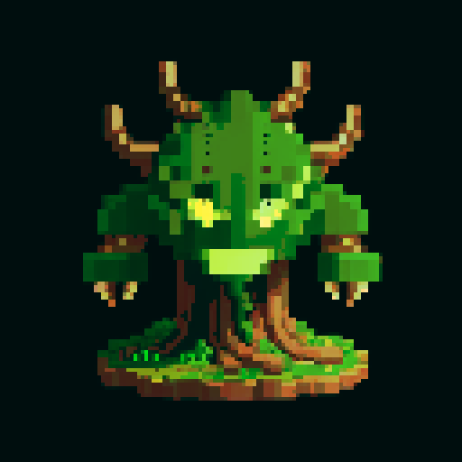 A colossal, tree-like titan with thick bark armor, massive branches, and glowing green eyes. It stands tall with a powerful, commanding presence, ready to protect the forest at all costs. No background.
