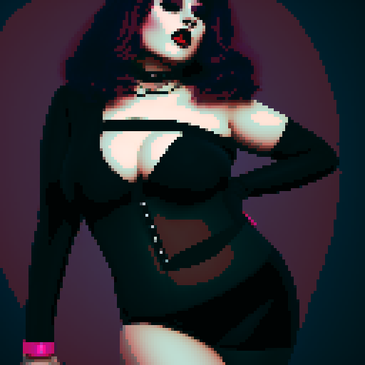 Curvy, busty goth girl, with purple hair, black eyeshadow and red lipstick. wearing bikini and studded collar, sexy seductive glamour shot, vibrant srgb colors, edgy aesthetic