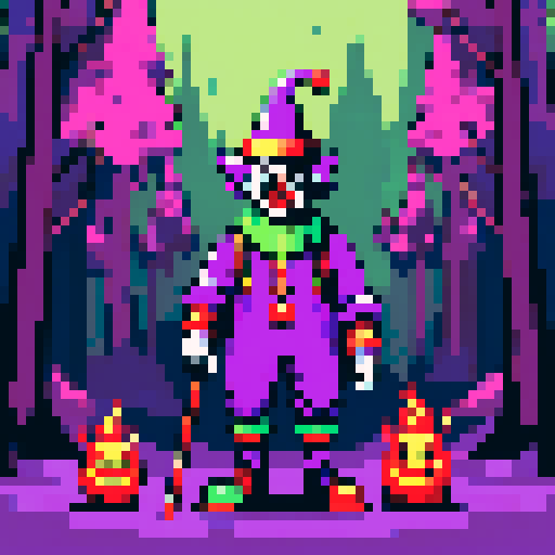 clown with purple and green jester hat, bells, pixel art, a fireball and a staff, in a forest and with a bull dog next to it.