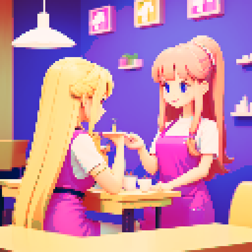 A nail tech with long blonde hair wearing a pink apron and a girl with brown hair facing each other at a table in a nail salon.