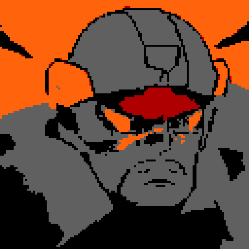 A soldier with inspirations taken from a space marine with gray armor and a few orange elements with a visible swat helmet and visor with light reflecting on it. The soldier is supposed to face slightly to the left side just like in the image referenced and so it looks like a dialogue box portrait icon from any kind of RPG. Make so that the source light of the portrait is slightly above and to the left of the soldier, do not make the lighting too realistic, retain cartoony elements.