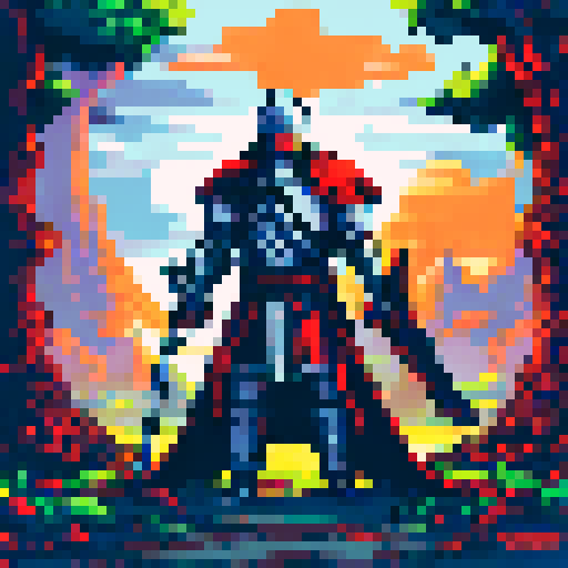 crusader with sword and wooden shield, pixel style, epic, gothic 