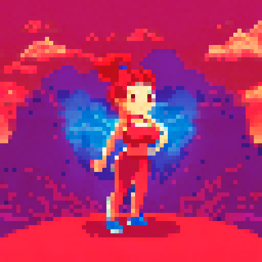 Huge-breasted woman, hair in a messy bun, donning gym clothes and a determined expression, set against a vibrant sRGB pixel art background of a sprawling landscape