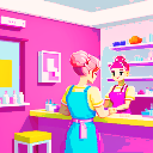 A nail tech wearing a pink apron and a client in a nail salon. 