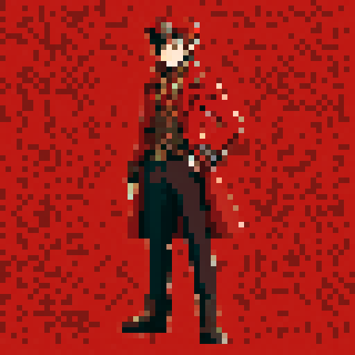 steampunk young man, red coat, red hat, 2D game stance, pixel art, sRGB, full body
