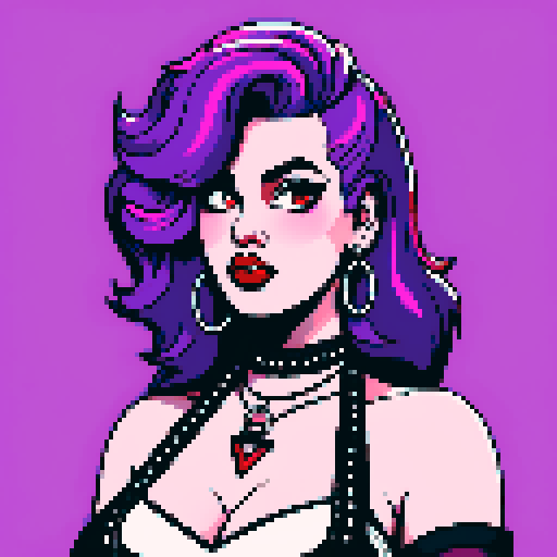 Plus size curvy, cute, busty greaser goth girl, with long purple hair, black eyeshadow, red lipstick. Voluptuous large breasts, wearing halter top and studded collar. Posing for sexy photo. whole head portrait, avatar photo. vibrant sRGB colors, pixel art, edgy aesthetic