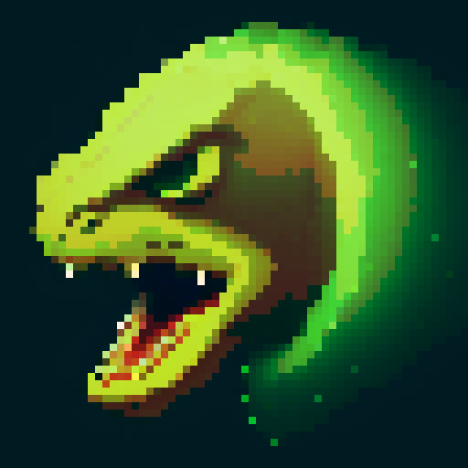 key-shaped pixel art T-rex head, vibrant green and sharp-edged, with glowing yellow eyes, fierce expression, and detailed scales