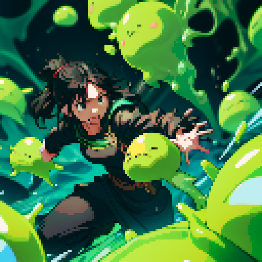 slime surging up around someone, slime engulfing a hero, slime consuming a hero, hero getting engulfed by slime, slime attack, dynamic, slime slamming into someone, impact, splashing slime, full-body image, full-body art, black hair, brown outfit