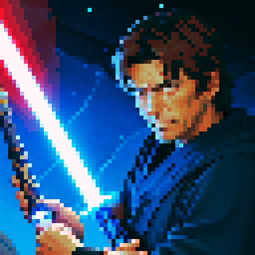 Jedi knight with blue light saber. He controls heavy stones with his jedi power. those stones are behind him.