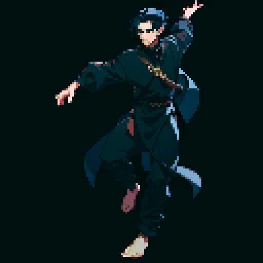 male character, black clothing, neutral pose, full body, dark blue hair
