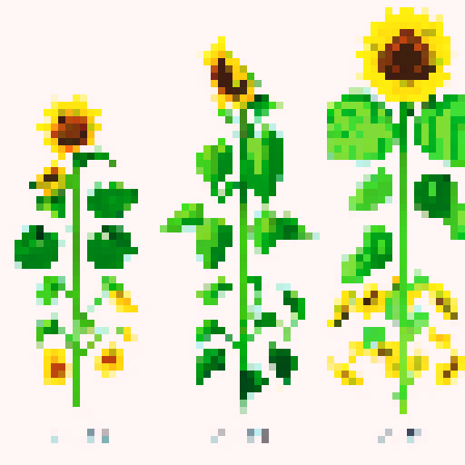 sunflower, vibrant yellow petals, simple pixel art, sRGB color palette, delicate green leaves, transparent background 4 stages of growth