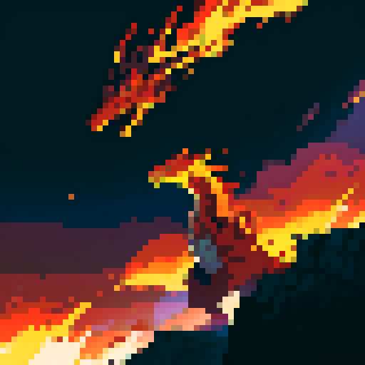 Dragon breathing scorching fire, intense flames illuminating the pixelated landscape in sRGB pixel art style