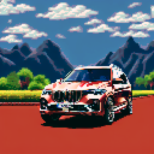 Photorealistic, centered BMW X7 in a three quarter view, right wheel in front, clean background, pixel art style with sRGB colors

