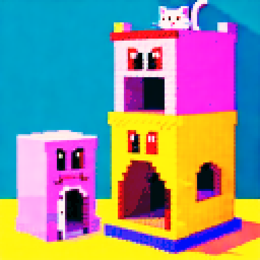 huge, complex cat tower, colorful pixel art, sRGB, multiple cats