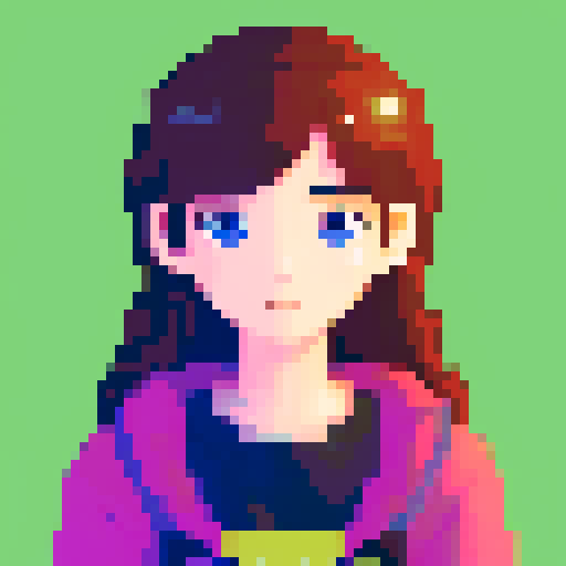 portrait, sprite art, character art, young woman, cute, cozy, shy, sad, mysterious
