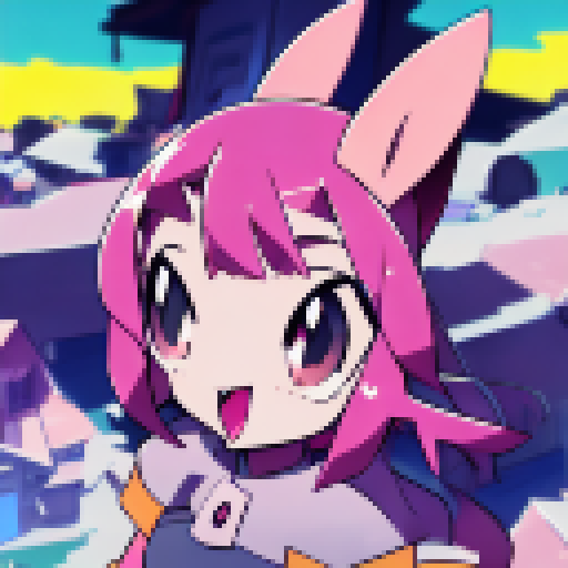 Bunny, big-eyed and kawaii, brandishing a sleek and shiny handgun, set against a vibrant, color-saturated anime background.