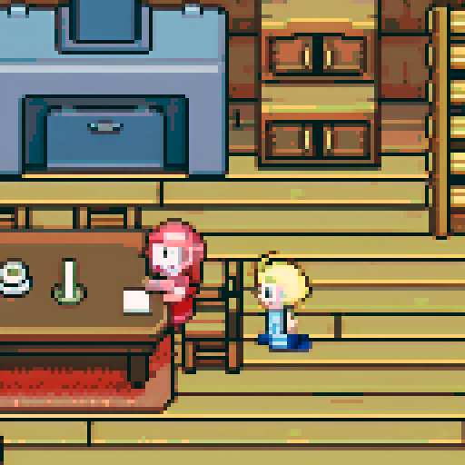 Cabin interior, table, kitchen, mother and son