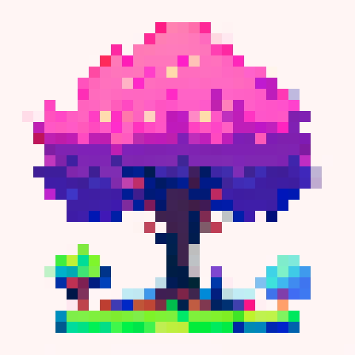 Tree, rendered in vibrant pixel art for a game asset in an earthbound style, png, white background, black outline