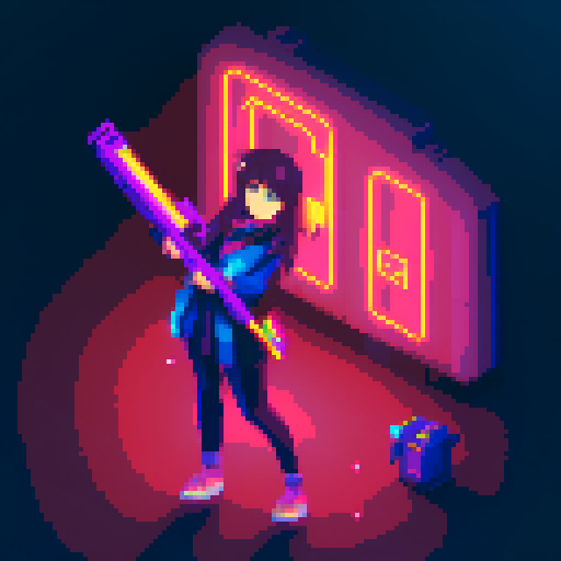  Mage anime girl with flowing hair, fluorescent tattoos, and a pixelated sniper rifle, navigating through a purple neon-lit night market and an sRGB glow