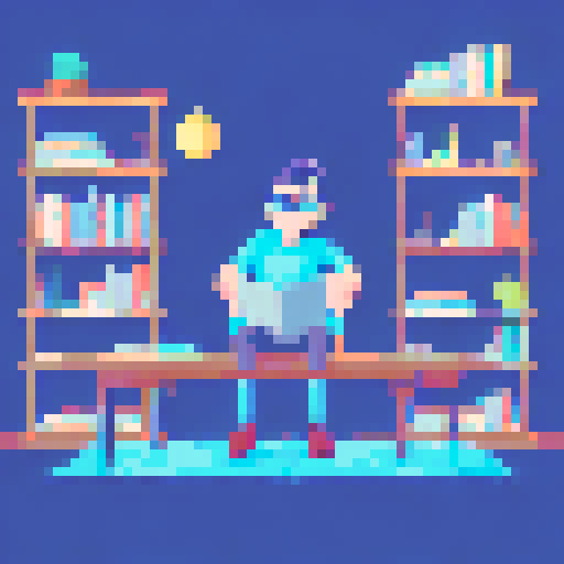 adult boy sitting on a table style front facing disney style book shelf in background explaining something curly hairs pixar style with glasses looking me