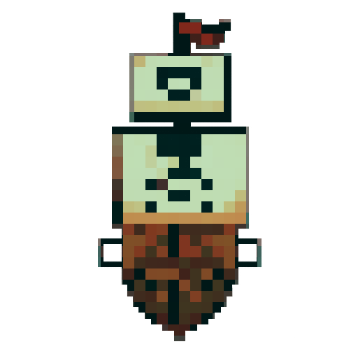 32x32 pixel art, pirate ship sprite, high top-down view, facing North, simple features, large cannons and square sails, 8-bit retro style, limited color palette, clean outlines, for a pirate MMO game.