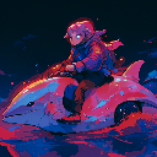 human riding dolphin, vibrant colors, retro video game aesthetic, pixelated waves, 8-bit sprites, dynamic movement, pixel art, sRGB color space, nostalgic vibes, detailed pixel work, playful composition, energetic atmosphere