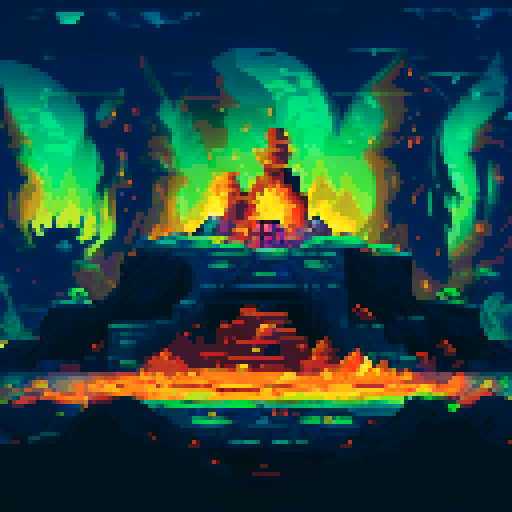 Cave with dark stalagmites on the top and bottom and a central shrine area flanked by fiery torches with a platform in the center. Below the platform in the center of the piece is a pile of treasure and gold and loot.