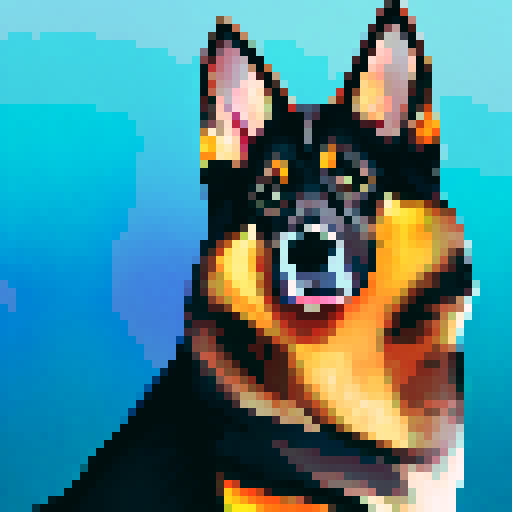 Fluffy black and tan fur blowing in the wind against a colorful sunset backdrop, a regal and alert German Shepherd gazes out in profile with ears perked up