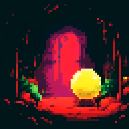 Magical room with a glowing crystal ball, vibrant colors, pixelated art, detailed background, enchanting landscape