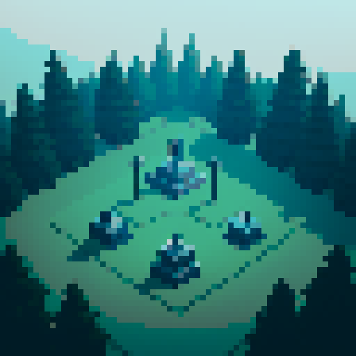 a forest with a low layer of fog on the ground with tombstones around and a ghost in the middle. This is all from a top down view.